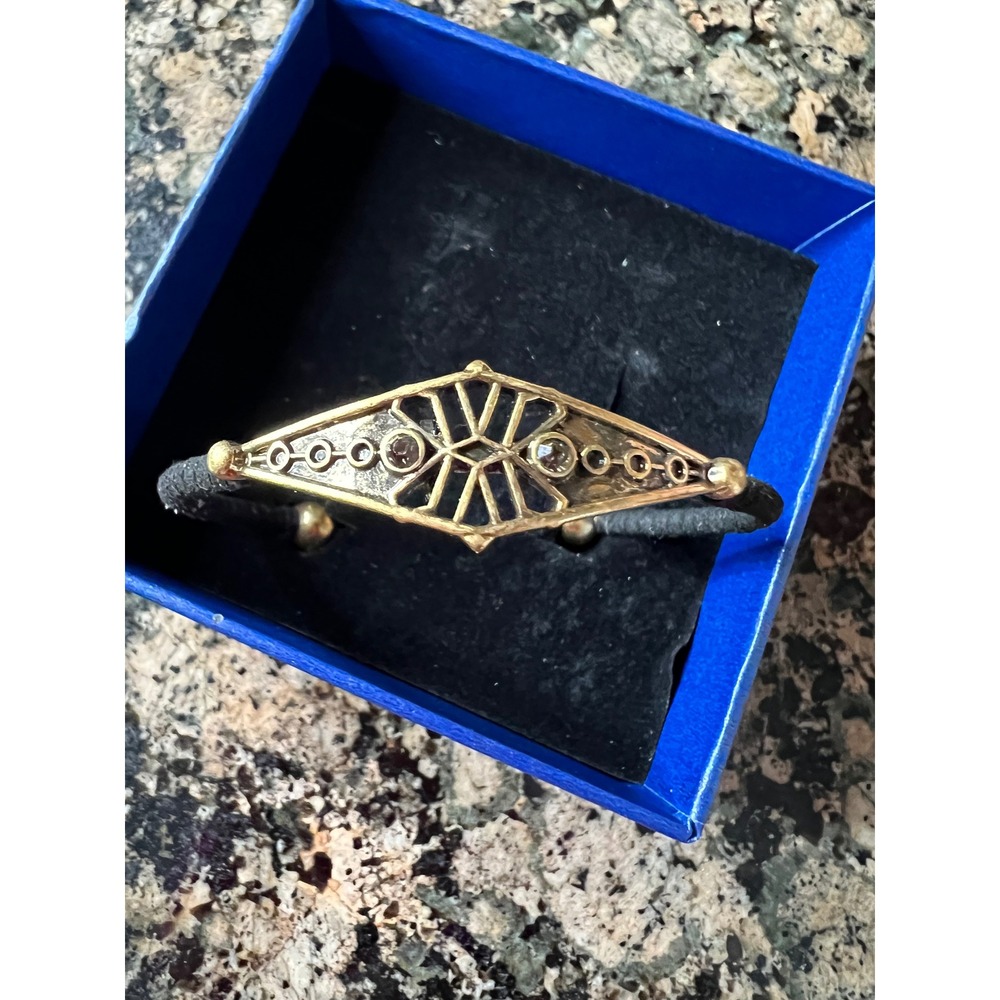 Artisan Geometric Diamond Cuff Bracelet Gold Tone Black Cord Crystal Inlay